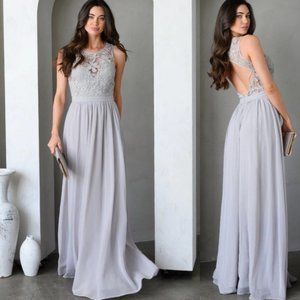 Maniju Lulus Savannah Nights Sleeveless Open Back Gown Maxi Dress Grey Gray New